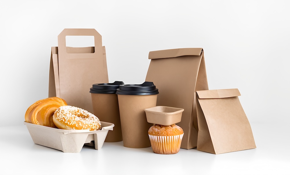 Cafe style packaging; coffee cups, baked goods packaging and paper bags